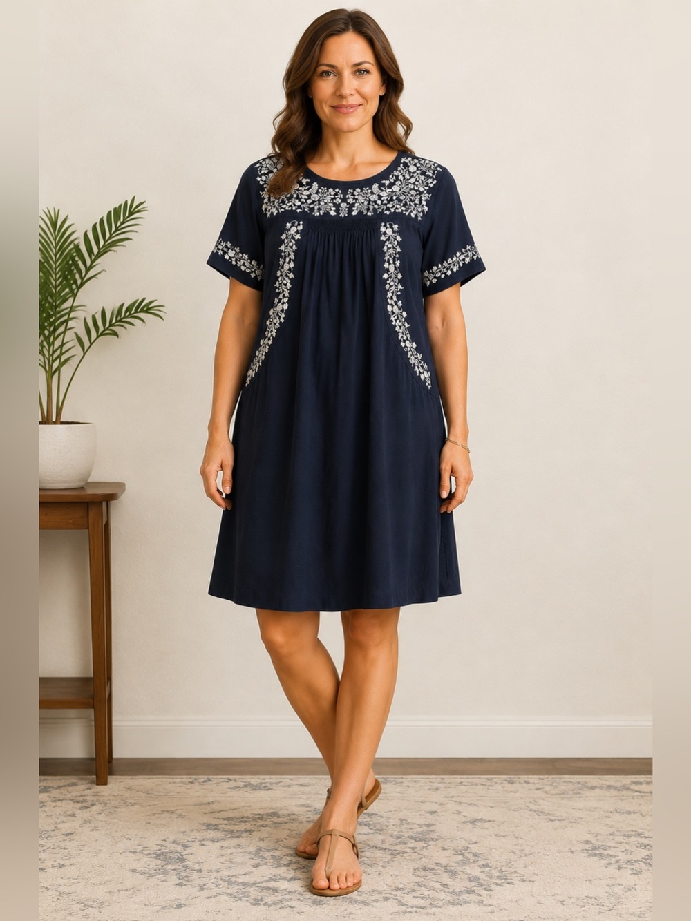 Caslon Womens L Navy Blue Embroidered Floral Cotton Boho Peasant Tunic Dress